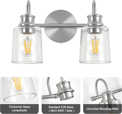 2 Lights Bathroom Light Fixtures Brushed Nickel Vanity Lights | ETL Certificate, Easy to Install,Wall Mount Up or Down,Thickened Glass Lampshade,E26 Socket,Hardwired