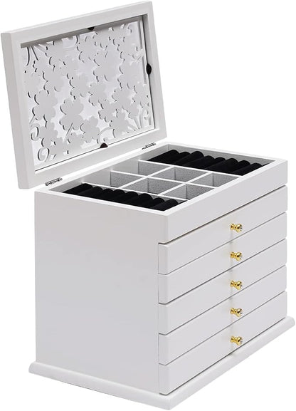 Extra Large Four-Leaf Carved 6 Layers Wooden Jewelry Box Jewelry Case Cabinet Armoire Ring Necklacel Gift Storage Box Organizer (White)