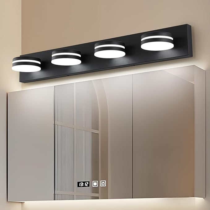 4 Light Bathroom Vanity Light, Modern Matte Black Bathroom Light Over Mirror, LED Vanity Lighting Fixture, Dimmable 5500K Bath Wall Lighting with 360°Rotable Head
