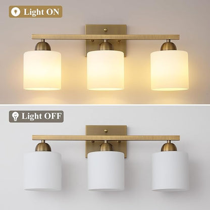 Milk Glass Vanity Lights for Bathroom, 3 Light Brass Bathroom Light Fixtures Over Mirror, Ceramic E26 Sockets Wall Mounted