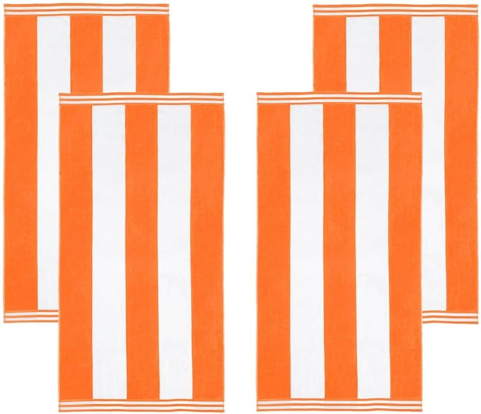 Superior Cotton Striped Beach Towels, Colorful Towels for Adult, Kid, Pool, Swimming, Sand, Travel, Large Oversized, Absorbent, Fast Drying, Bath Basics, Cabana Collection, Set of 4, Orange