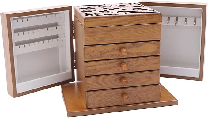 Extra Large Four-Leaf Carved 5 Layers Wooden Jewelry Box Jewelry Case Cabinet Armoire Ring Necklacel Gift Storage Box Organizer(5 Layers,Brown,Style 1)
