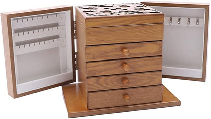 Extra Large Four-Leaf Carved 5 Layers Wooden Jewelry Box Jewelry Case Cabinet Armoire Ring Necklacel Gift Storage Box Organizer(5 Layers,Brown,Style 1)