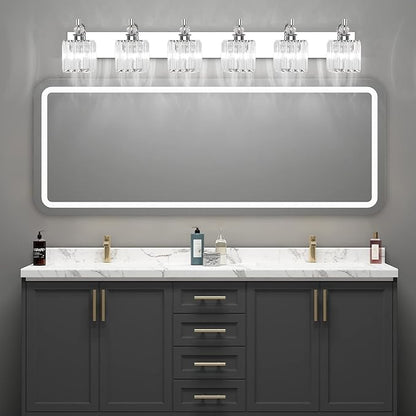 Ralbay Crystal Vanity Light 6 Light 48''Modern Chrome Bathroom Vanity Lighting Over Long Mirror Crystal Bathroom Wall Lighting Fixtures