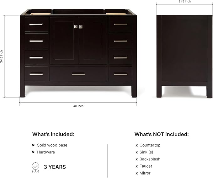 ARIEL Cambridge 48-inch Bathroom Vanity Base Cabinet,Solid Wood, 2 Soft Closing Doors, 9 Dovetail Drawers, Espresso