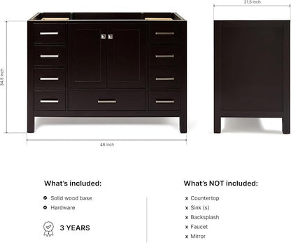 ARIEL Cambridge 48-inch Bathroom Vanity Base Cabinet,Solid Wood, 2 Soft Closing Doors, 9 Dovetail Drawers, Espresso