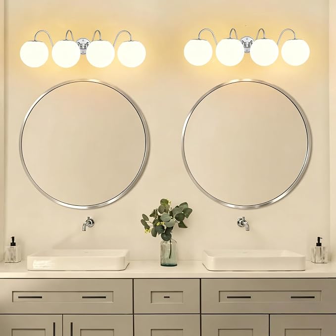 4 Lights Vintage Bathroom Vanity Light Fixtures Over Mirror, Brushed Nickel Vanity Lights For Bathroom With Milk White Glass Globe Shade, Wall Lights For Bedroom, Hallway, Dressing Table(G9 Incl.)