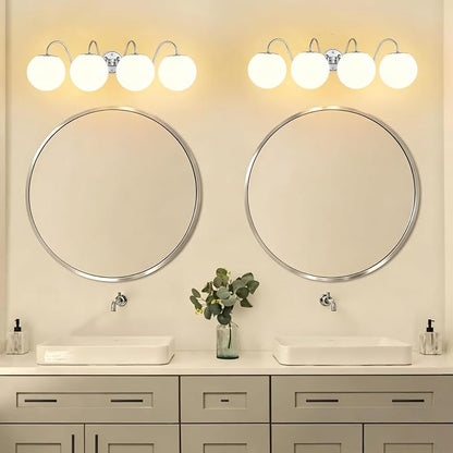 4 Lights Vintage Bathroom Vanity Light Fixtures Over Mirror, Brushed Nickel Vanity Lights For Bathroom With Milk White Glass Globe Shade, Wall Lights For Bedroom, Hallway, Dressing Table(G9 Incl.)