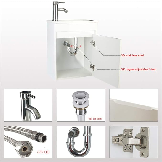 UEV Small Bathroom Vanity Wall Mounted, White, 16*9.8*20.3 in (L*W*H), Modern Style with Ceramic Sink and Chrome Faucet