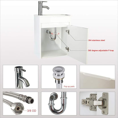 UEV Small Bathroom Vanity Wall Mounted, White, 16*9.8*20.3 in (L*W*H), Modern Style with Ceramic Sink and Chrome Faucet