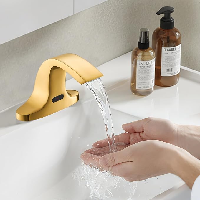 Touchless Bathroom Sink Faucet, Automatic Sensor Faucet for 3 Hole, Waterfall Spout, Brass, Gold Finish