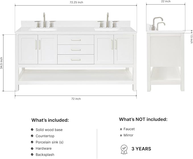 DKB Olivia 72-Inch White Double Bathroom Vanity, 1.5-Inch Carrara Quartz Countertop & Backsplash, Rectangular Undermount Sinks, 4 Soft Closing Doors, 3 Dovetail Drawers, Open Shelf, Brushed Nickel