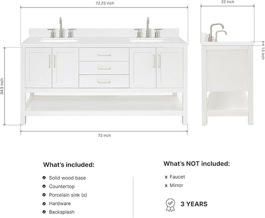 DKB Olivia 72-Inch White Double Bathroom Vanity, 1.5-Inch Carrara Quartz Countertop & Backsplash, Rectangular Undermount Sinks, 4 Soft Closing Doors, 3 Dovetail Drawers, Open Shelf, Brushed Nickel