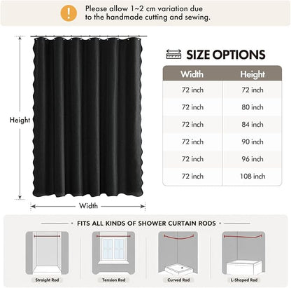 ANRODUO Black Scalloped Linen Textured Shower Curtain, W72 x L72 | Boho Farmhouse Shower Curtain with 12 Metal Hooks, Machine Washable Waterproof Heavy Duty Fabric for Bathroom Bathtub