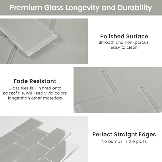 Glass Subway Tile 3 x 6 Inch Light Gray for Kitchen Backsplash Bathroom Wall (32-Pack, 4 sq.ft.)