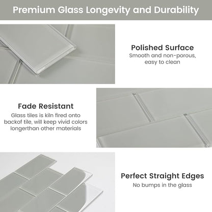 Glass Subway Tile 3 x 6 Inch Light Gray for Kitchen Backsplash Bathroom Wall (32-Pack, 4 sq.ft.)