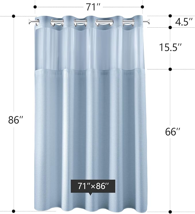River Dream Cotton Blend Shower Curtain Set with Liner, Misty Blue, 71x86 | Waffle Weave, No Hook Needed, with Snap in Replacement Liner, Top Sheer Window, Hotel Quality for Bathroom, Extra Long