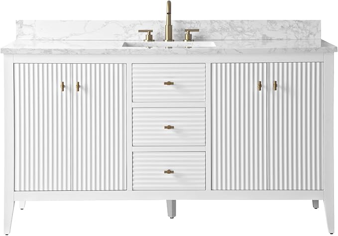 HOMEBEYOND 60" Bathroom Vanity with Single Sink, Solid Wood Bathroom Vanity Free-Standing Cabinet, Ceramic Top & Soft Closing Door, Golden Brushed Handware, White