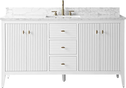 Vanity Art 60 inch Bathroom Vanity with Single Sink & Ceramic Top, Vanity Cabinet with Soft-Closing Door, Solid Wood Frame, Linear Pattern, White, Golden Brushed Handware VA9160-SW-GB