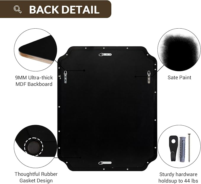 32x40 Black Scalloped Bathroom Vanity Mirror | Rust-Proof Stainless Steel Frame, Scalloped Notched Corner, Mount Vertically or Horizontally, Ideal for Bathroom, Powder Room