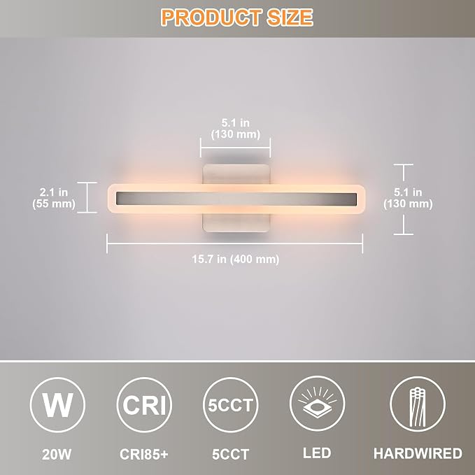 Modern Bathroom Vanity Light Fixtures 15.7 Inch, 20W Brushed Nickel LED Vanity Lights Over Mirror, 5CCT Dimmable LED Wall Sconces Light Linear Bar Bath Lights for Bathroom Cabinets Bedroom