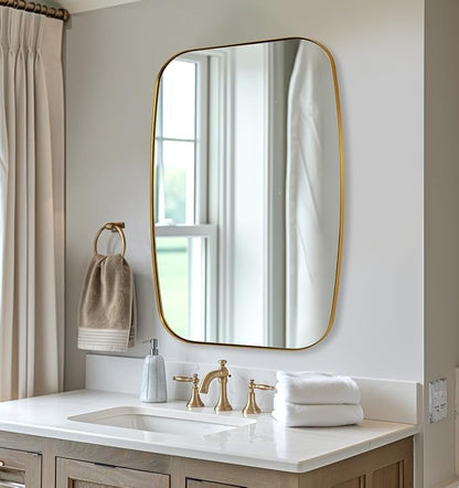Gold Mirror for Bathroom, 28x36 Inch Stainless Steel Metal Frame Oblong Bathroom Mirror for Vanity, 1’’ Deep Wall Mounted Vertically/Horizontal