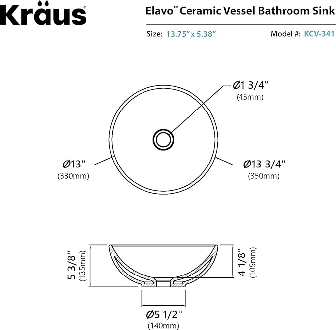 Kraus KCV-341-BN Modern Elavo Ceramic Small Round Vessel Bathroom Sink with Pop Up Drain, Brushed Nickel/White