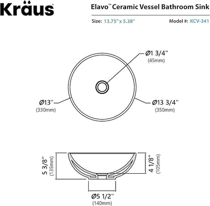 Kraus KCV-341-BN Modern Elavo Ceramic Small Round Vessel Bathroom Sink with Pop Up Drain, Brushed Nickel/White
