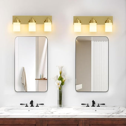 IZORRO Bathroom Vanity Light Fixture, 3-Light 22 Inch Gold Bathroom Light Fixtures Over Mirror, with White Glass Shade, Modern Farmhouse Vanity Lights, Rustic Restroom Lighting Fixtures