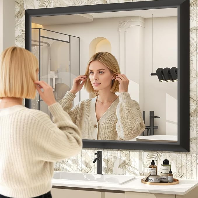 SMIROR 50x40 Matte Black Bathroom Vanity Mirror for Over Sink | Metal Wide Frame, Rectangle, Right- Angle Corner, Anti-Rust, Horizontally or Vertically Wall- Mounted for Home Remodel