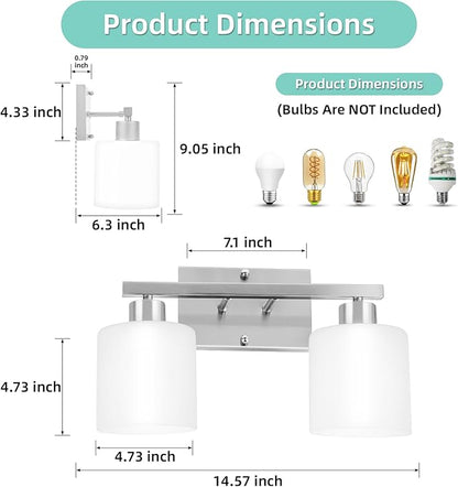 SILAMPDI Bathroom Lighting Fixtures Over Mirror Brushed Nickel, Modern 2-Light Vanity Lights Fixtures, Wall Sconces Light for Bedroom, Hallway, Milky White Glass Shades, E26 Base, Bulbs Not Included