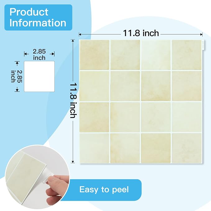 Art3d Grid Design Peel and Stick Backsplash, 10-Pack, 12 x 12 in, Sandstone | Enhanced Thickness, Strong Adhesion, Moisture Resistant, Long-Lasting, Minimalist Look, DIY Friendly, for Kitchen Countertops