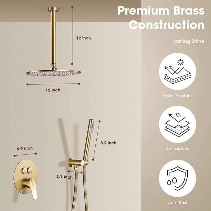 TRUSTMI 12" Ceiling Mount Rainfall, Pressure Balanced Valve, Brushed Gold | Solid brass kit with push-button diverter for handheld spray. cUPC valve prevents scalding for family safety