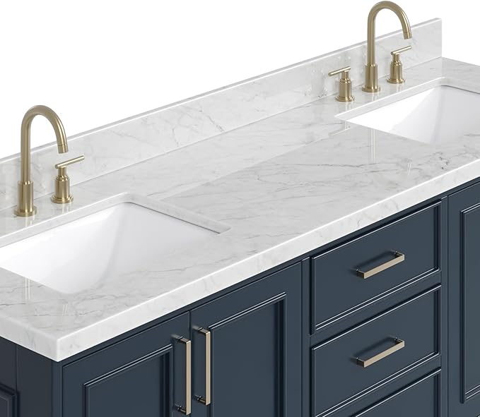 ARIEL Stafford 72-inch Bathroom Vanity with Sink,Solid Wood, 1.5-inch Italian Carrara Marble Countertop, Double Rectangular Porcelain Sink, 4 Soft Closing Doors, 6 Dovetail Drawers, Midnight Blue