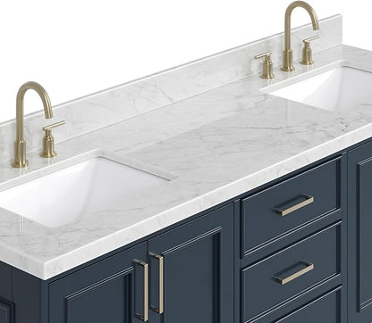 ARIEL Stafford 72-inch Bathroom Vanity with Sink,Solid Wood, 1.5-inch Italian Carrara Marble Countertop, Double Rectangular Porcelain Sink, 4 Soft Closing Doors, 6 Dovetail Drawers, Midnight Blue