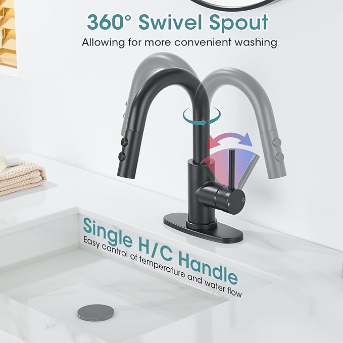 Black Bathroom Faucet with Pull Down Sprayer, Single Hole Bathroom Faucet with Pop-up Drain and Flexible Hoses, 1 Handle Sink Faucets for Vanity, Modern Farmhouse, Vanity, Restroom