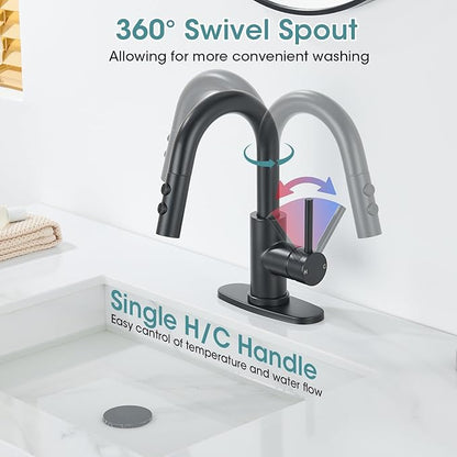 Black Bathroom Faucet with Pull Down Sprayer, Single Hole Bathroom Faucet with Pop-up Drain and Flexible Hoses, 1 Handle Sink Faucets for Vanity, Modern Farmhouse, Vanity, Restroom