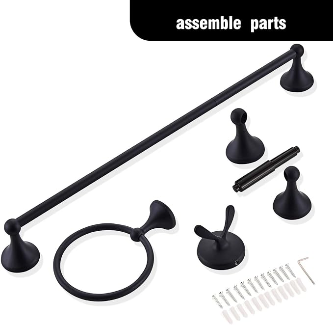 Classic Bathroom Hardware 4-piece Set, Matt Black | Wall Mounted,Stainless Steel and Zinc material,Including Towel Bar,Towel Ring,Toilet Paper Holder,Robe Hook