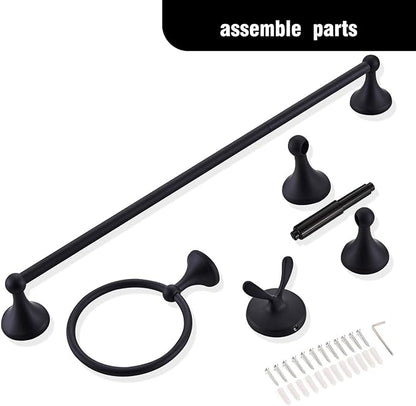 Classic Bathroom Hardware 4-piece Set, Matt Black | Wall Mounted,Stainless Steel and Zinc material,Including Towel Bar,Towel Ring,Toilet Paper Holder,Robe Hook