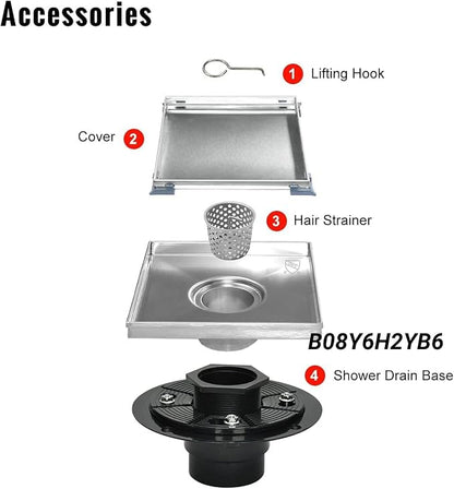 Square Shower Drain,Shower Drain 6" with 2 in 1 Tile-Insert Cover | Brushed AISI 304 Stainless Steel Shower Floor Drain with Hair Catcher Fits Bathroom Balcony Kitchen Easy to install