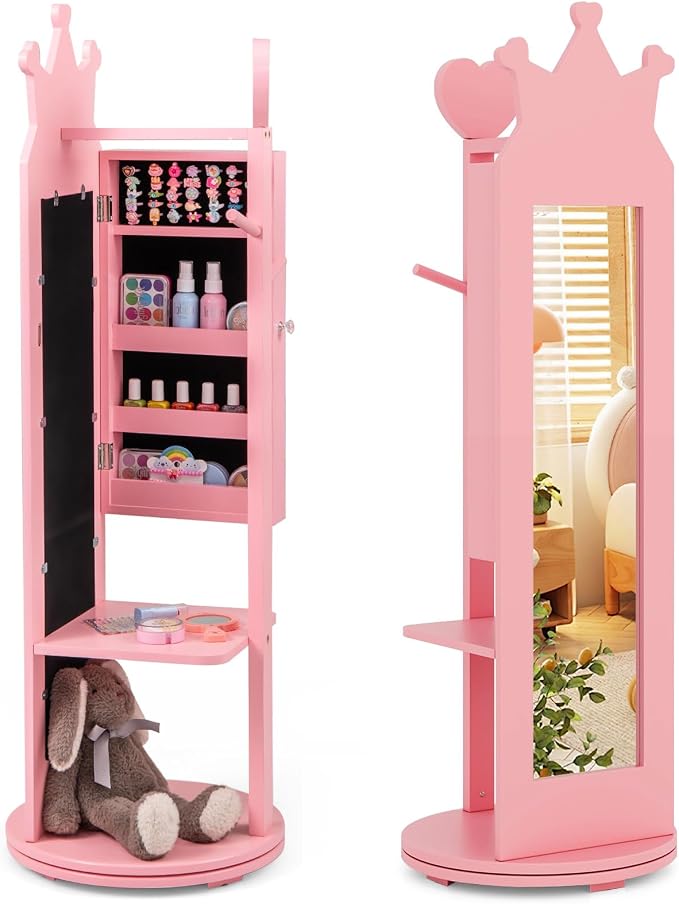 HONEY JOY Kids Jewelry Armoire Cabinet, 360 Degree Swivel Base Wooden Standing Jewelry Organizer w/Full-length Mirror and Clothes Rack, Children Dress Up Jewelry Cabinet for Little Girls (Pink)