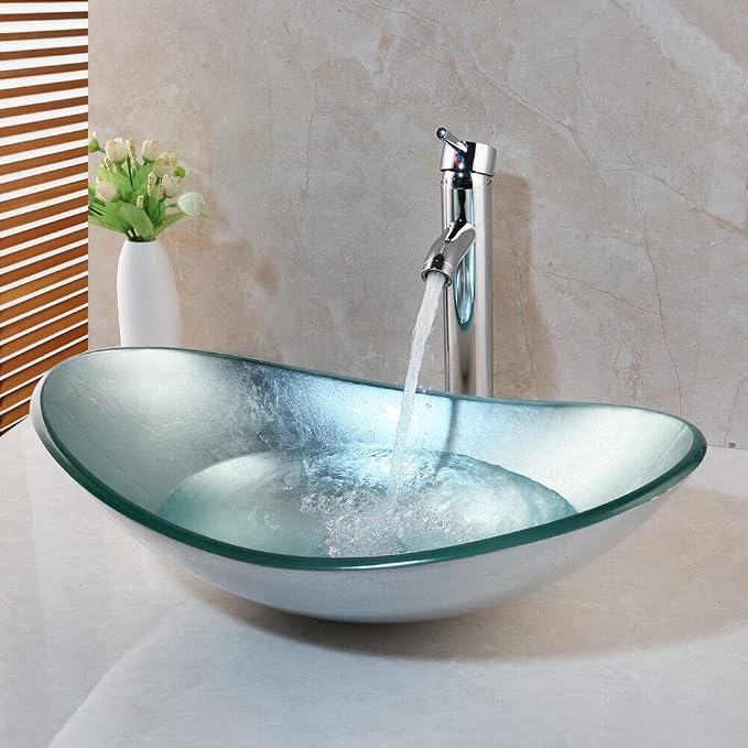 22" Bathroom Vessel Sink Oval Silver Washing Basin Bowl | Artistic Tempered Glass, Oval Vessel Sink, Above Counter, Chrome Faucet and Pop-up Drain Combo