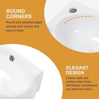 Mocoloo Wall Mounted Bathroom Sink Right Corner Floating Sinks with Faucet Hole 16" White ADA Compliant Ceramic Bathroom Sink Wall Hung Porcelain with Overflow Hole Hand Basin