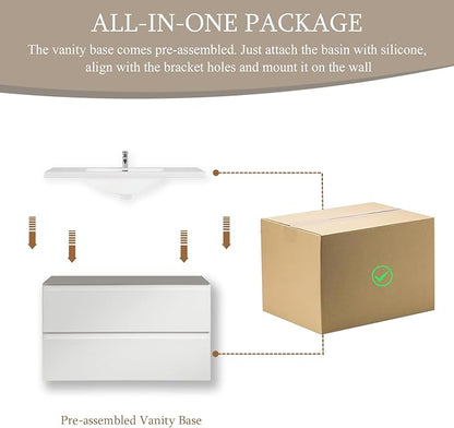Floating Bathroom Vanity with Sink, 36" Wall-Mounted Bathroom Vanity | Resin Top Basin and Soft Close Drawers, No Assembly Required, Glossy White
