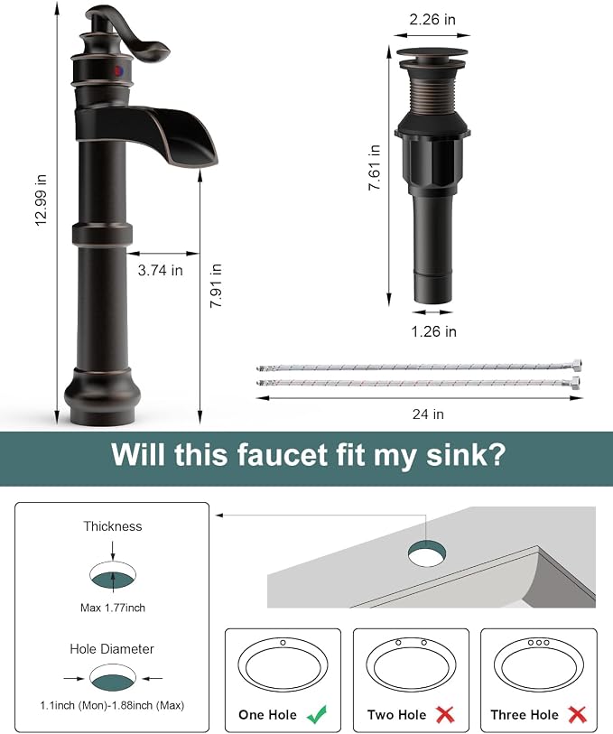 BWE Vessel Sink Faucet Waterfall Tall Oil Rubbed Bronze Bathroom Faucet | Single Hole One Handle Brass Countertop Lavatory Vanity Mixer Tap with Pop Up Drain and Supply Lines for RV Bar No Overflow