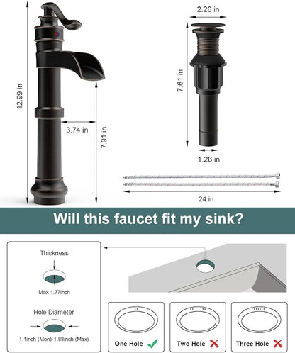 BWE Vessel Sink Faucet Waterfall Tall Oil Rubbed Bronze Bathroom Faucet | Single Hole One Handle Brass Countertop Lavatory Vanity Mixer Tap with Pop Up Drain and Supply Lines for RV Bar No Overflow