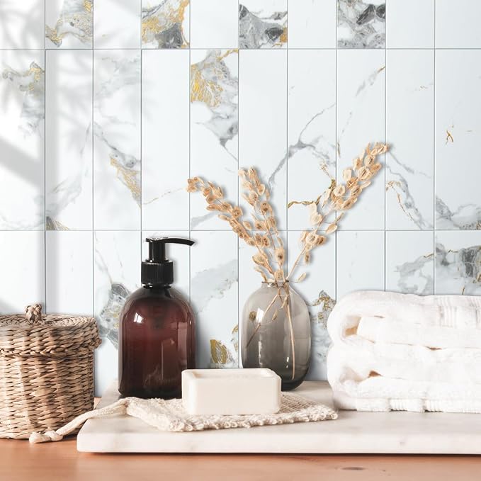 AULIGET 4-Piece Polished White Marble with Gold Peel and Stick Backsplash Wall Tiles, 3" x 12" PVC Faux Stone Stick on Tiles for Backsplash Kitchen, Bathroom, Laundry Room, Camper, Fireplace