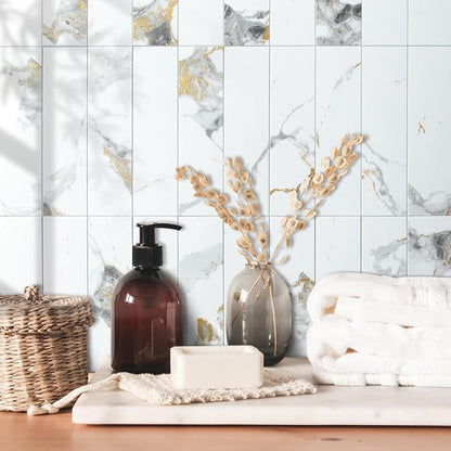 AULIGET 40-Piece Polished White Marble with Gold Peel and Stick Backsplash Wall Tiles, 3" x 12" PVC Faux Stone Stick on Tiles for Backsplash Kitchen, Bathroom, Laundry Room, Camper, Fireplace