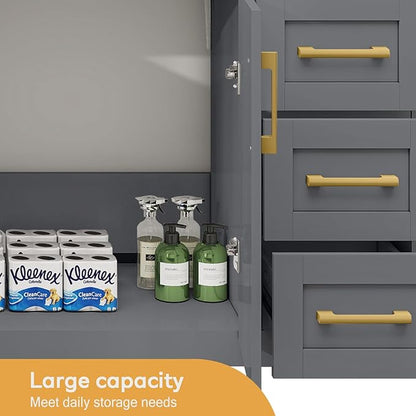 60 Inch Bathroom Vanity Without Sink, Modern Solid Wood Bathroom Storage Vanity with 4 Soft Closing Doors & 3 Full Extension Drawers,Quick Assemble Cabinet in Grey