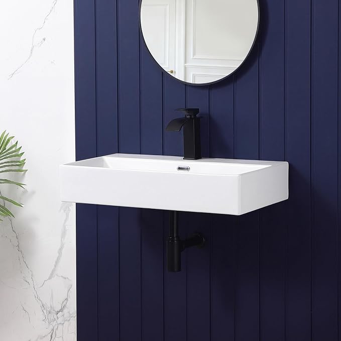 Wall Mount Bathroom Sink 28"x14" Small Vessel Sink Wall Mounted Rectangular Wall Hung Mini White Porcelain Ceramic Floating Tiny Sink with Overflow, Durable, Space-Saving, Ideal for Home,RV